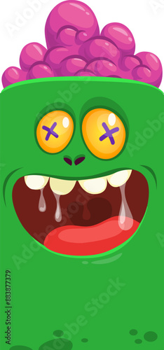 Cartoon funny green zombie character design with scary face expression. Halloween vector illustration isolated on white. Party poster, package design 