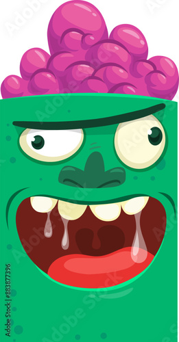 Cartoon funny green zombie character design with scary face expression. Halloween vector illustration isolated on white. Party poster, package design 