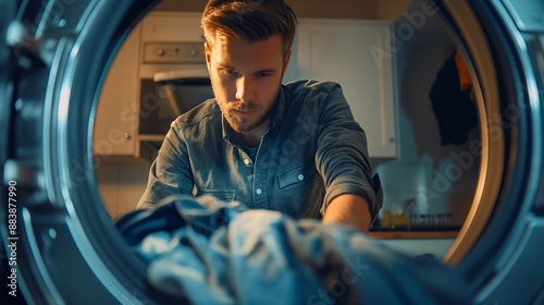 Adult Man taking clean and laundry or clothes washet with detergent, out of a washing machine in his bathroom in appartment or laundry room. Housework and housekeeping, household, hygiene and cleaning