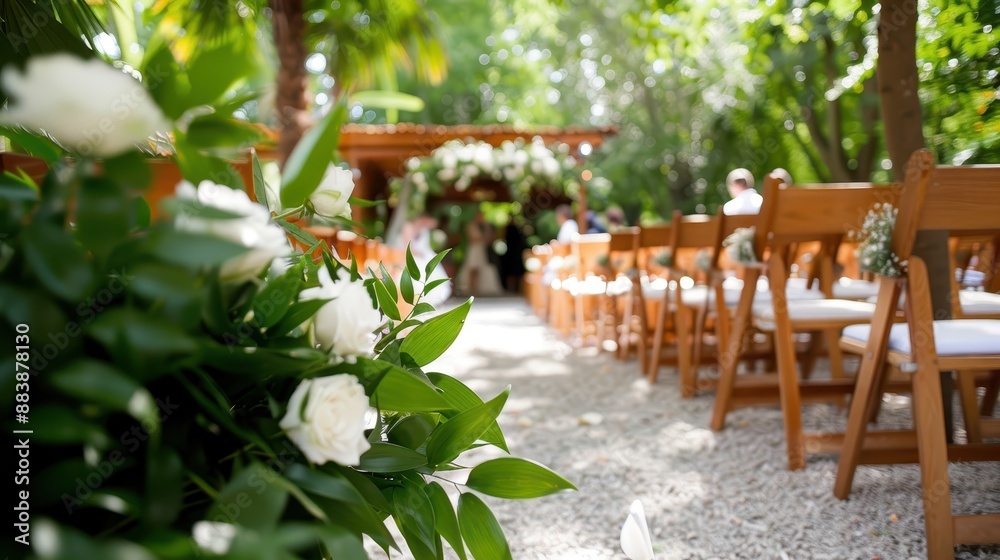 An elegant outdoor wedding setup featuring an aisle lined with wooden chairs and adorned with white floral decorations, set against a lush green backdrop of trees and foliage. An elegant outdoor wedding setup featuring an aisle lined with wooden chairs and adorned with white floral decorations, set against a lush green backdrop of trees and foliage.