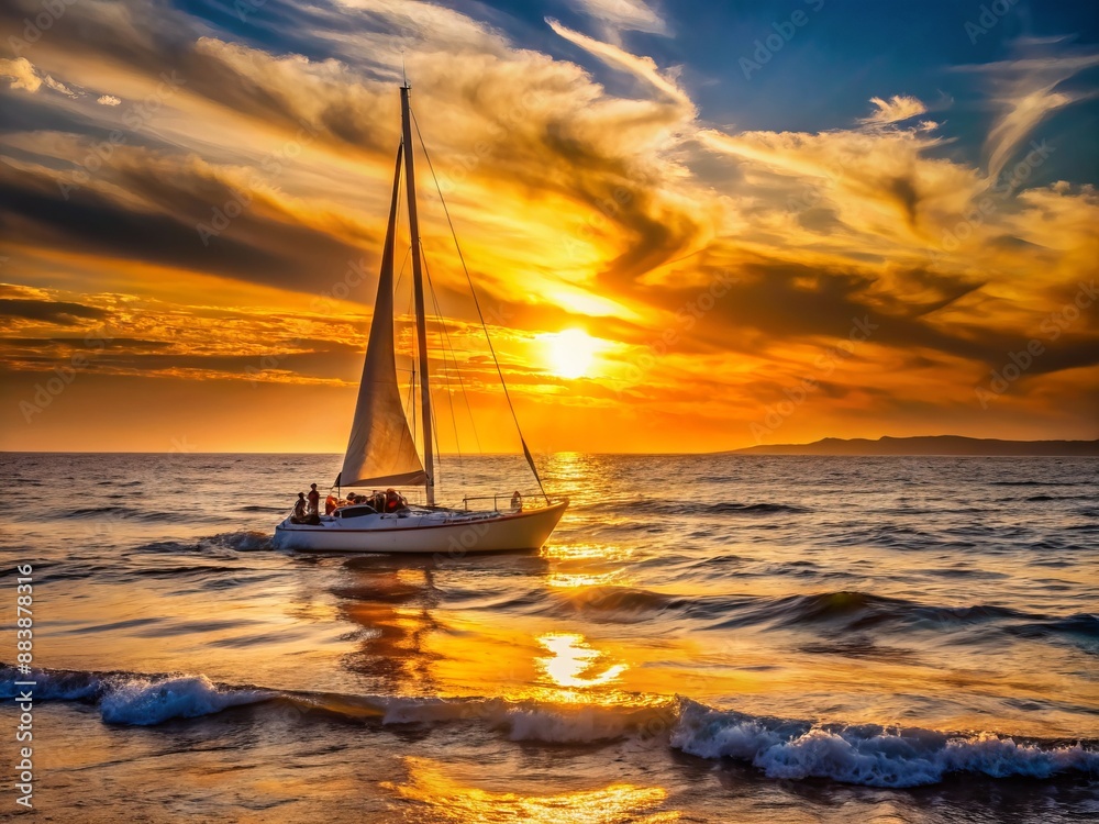 Φωτογραφία Warm golden light of the setting sun casts a romantic glow on the empty sailboat, with gentle waves and serene ocean scenery in the background