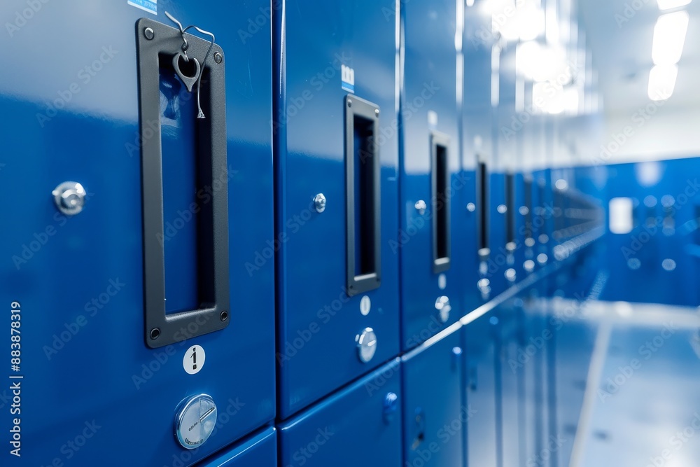Close-up of blue lockers in a gym changing room, showing the handles and locks of the lockers Close-up of blue lockers in a gym changing room, showing the handles and locks of the lockers