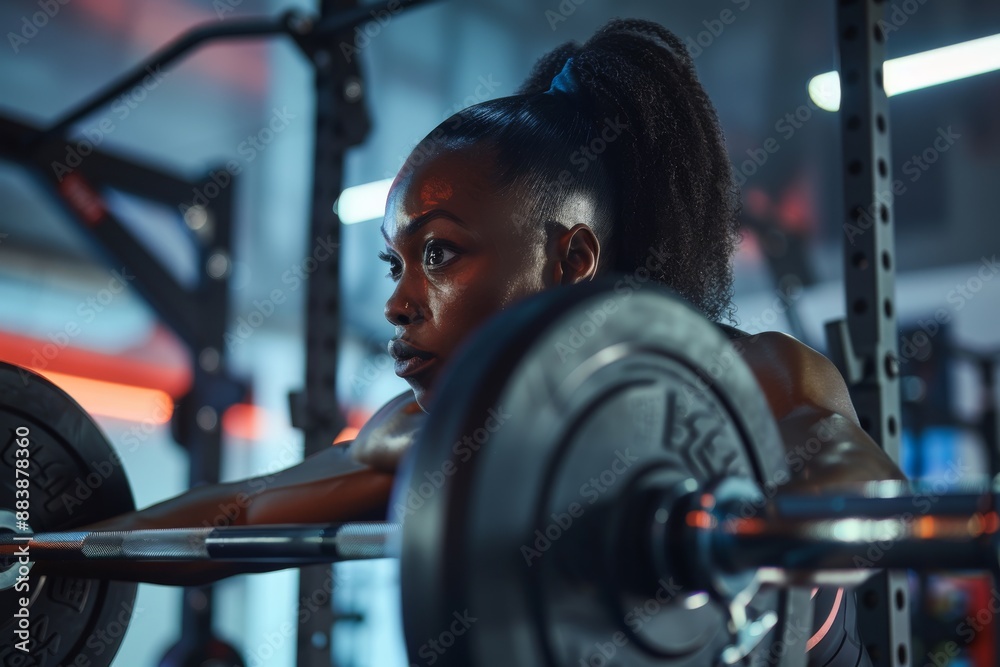 A woman with a focused expression performs a heavy back squat in a modern gym setting A woman with a focused expression performs a heavy back squat in a modern gym setting