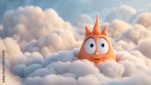 A cute animated character peeks from soft, fluffy clouds, adding a touch of whimsy and joy, capturing the essence of playfulness and imagination in a dreamlike world. photo