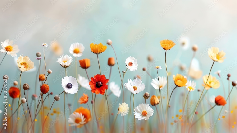Obraz premium A stunning variety of colorful wildflowers including white, yellow, and orange blossoms, blooming amid lush green grass in a serene meadow under a soft, blue sky.