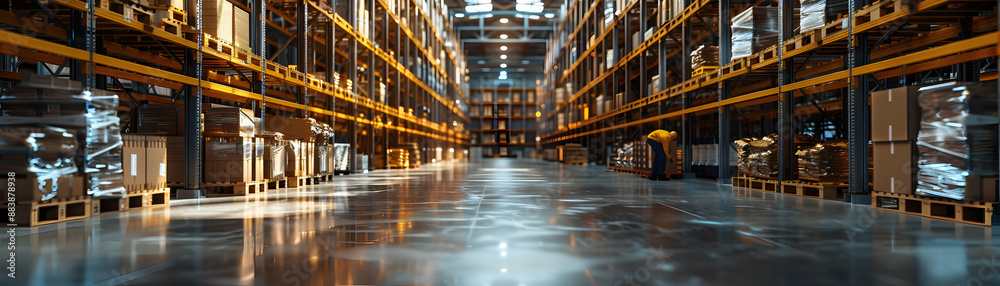 Enchanting Warehouse Clerk Managing Inventory in Magical Warehouse Setting with Towering Shelves and Glowing Items Long Shot with Copy Space for Creative Warehouse Management Con Enchanting Warehouse Clerk Managing Inventory in Magical Warehouse Setting with Towering Shelves and Glowing Items Long Shot with Copy Space for Creative Warehouse Management Con