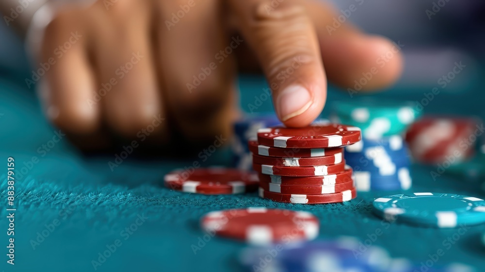 Close-up of a hand placing poker chips on a green felt table during a game, emphasizing the focus and decision-making process in gambling and casino gaming. Close-up of a hand placing poker chips on a green felt table during a game, emphasizing the focus and decision-making process in gambling and casino gaming.