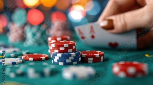 A vibrant scene depicting an intense poker game in progress with colorful chips and playing cards spread on a green felt table under bright, colorful lights. photo