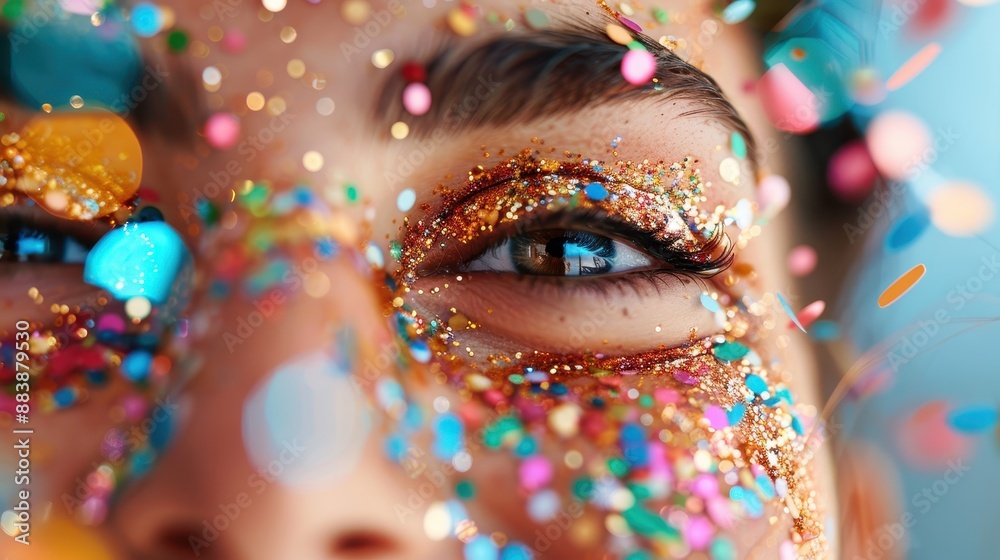 A close-up of a face adorned with colorful glitter and confetti, showcasing a vibrant and festive atmosphere with a focus on joyful expressions and detailed eye makeup. A close-up of a face adorned with colorful glitter and confetti, showcasing a vibrant and festive atmosphere with a focus on joyful expressions and detailed eye makeup.