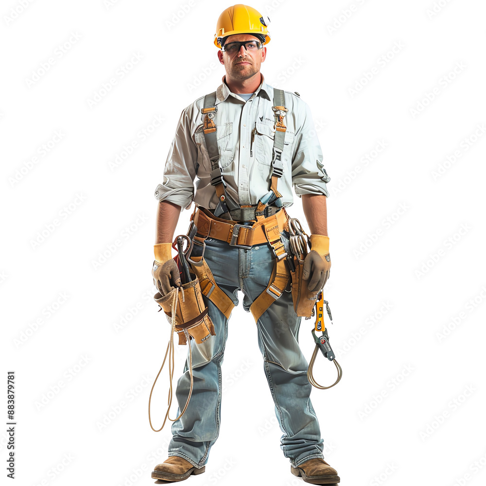 Construction worker in safety gear and helmet, standing with harness and tools, ready for work. Isolated on white background. Construction worker in safety gear and helmet, standing with harness and tools, ready for work. Isolated on white background.
