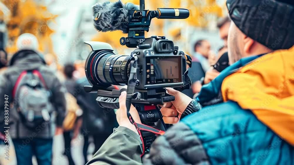 Close-up of hands operating a professional video camera