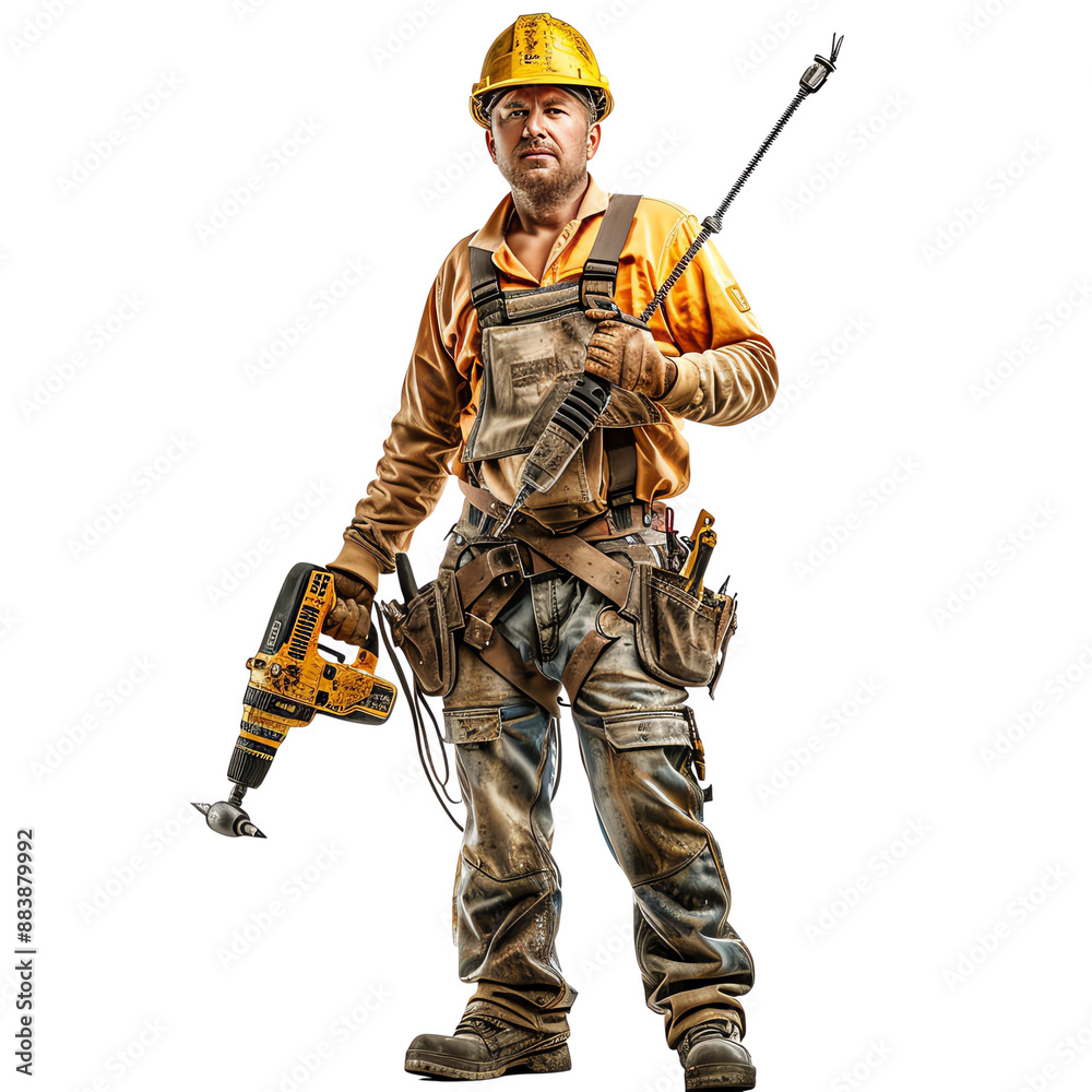 Construction worker in safety gear holding a drill, standing confidently on a white background. Construction worker in safety gear holding a drill, standing confidently on a white background.