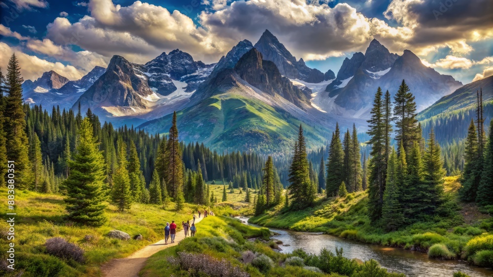 Fototapeta premium Serene mountain landscape with winding trails, scenic trees, and majestic peaks, capturing the essence of a joyful group hike in the American wilderness.