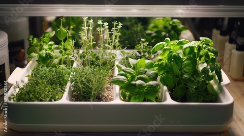 An indoor smart herb garden kit with automated watering and nutrient delivery