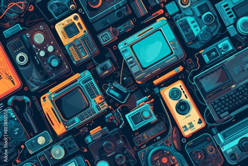 Room with multiple electronic gadgets displayed on a table, Background featuring a range of futuristic gadgets, AI generated