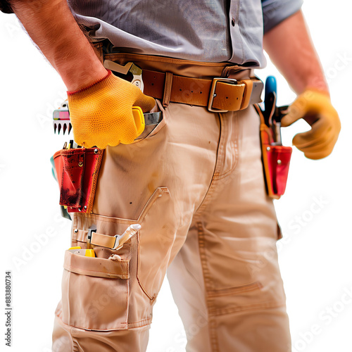 Construction worker in uniform with tool belt, ready for work with gloves and essential tools. Ideal for tradesman and handyman themes.