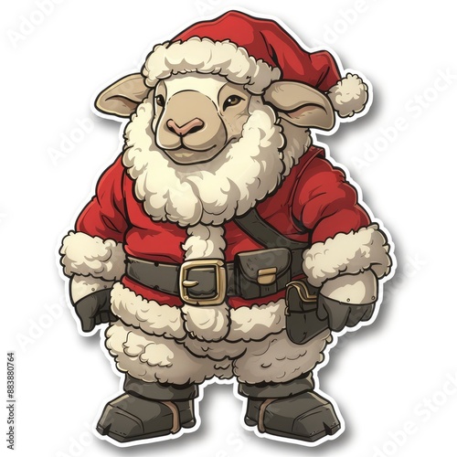  A lamb in a Santa costume sticker, full body, festive gear, sticker art design photo