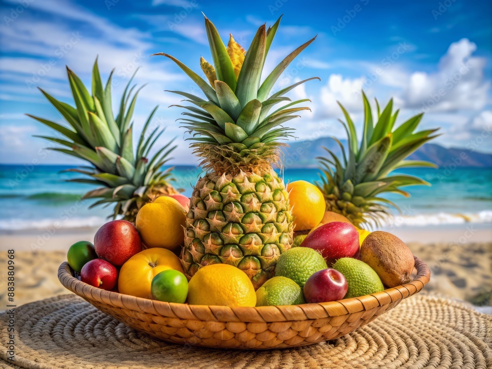 Vibrant arrangement of exotic tropical fruits such as pineapple, mango, and kiwi, beautifully displayed in a woven sea grass bowl on sandy beach shore. Vibrant arrangement of exotic tropical fruits such as pineapple, mango, and kiwi, beautifully displayed in a woven sea grass bowl on sandy beach shore.