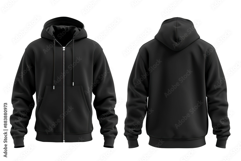 Black hoodie mockup, front and back view, isolated on white background. Black hoodie mockup, front and back view, isolated on white background.