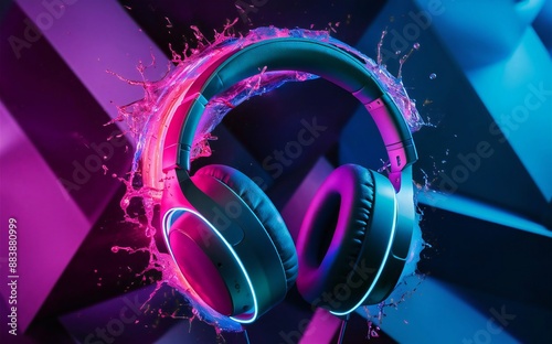 Headphones over Neon splashing wih vibrant colours, dynamic music blaster photo