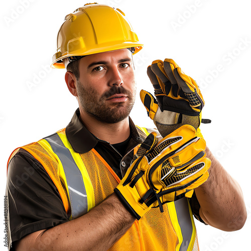 Construction worker wearing a yellow hard hat, reflective vest, and gloves, preparing for work. Safety and readiness in construction. photo