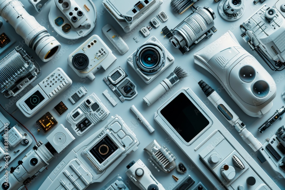 Background featuring a range of futuristic gadgets, Various electronic devices neatly arranged on a table in a room, AI generated Background featuring a range of futuristic gadgets, Various electronic devices neatly arranged on a table in a room, AI generated