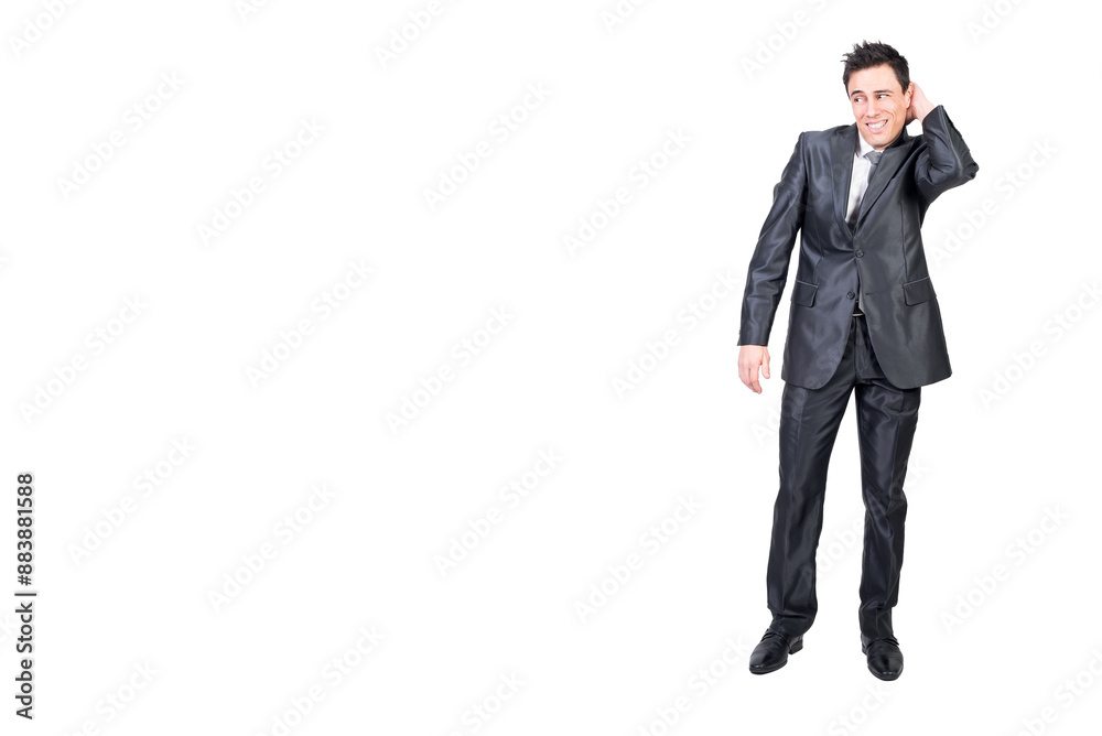 Timid male entrepreneur touching head and looking away Timid male entrepreneur touching head and looking away