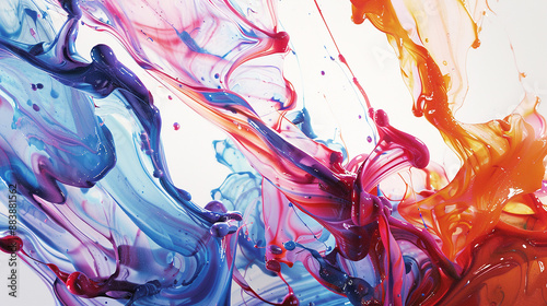 A high-definition image of liquid paint in different shades mixing seamlessly on a white canvas, capturing the fluidity and richness of colors