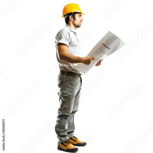 Male construction worker in protective gear studying architectural blueprints, side view, isolated on white background.