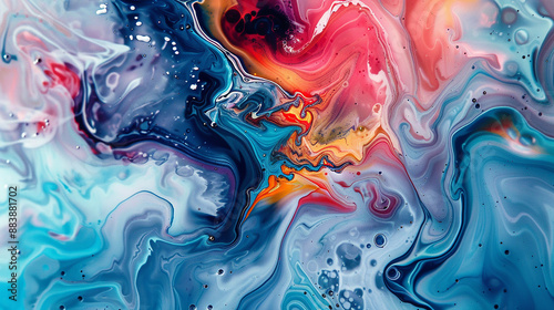 A high-definition image of liquid paint in different shades mixing seamlessly on a white canvas, capturing the fluidity and richness of colors