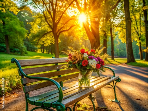 Vibrant green trees surround a picturesque park bench, warm sunlight filtering through, with a forgotten cane and a bouquet of flowers, evoking joyful moments.