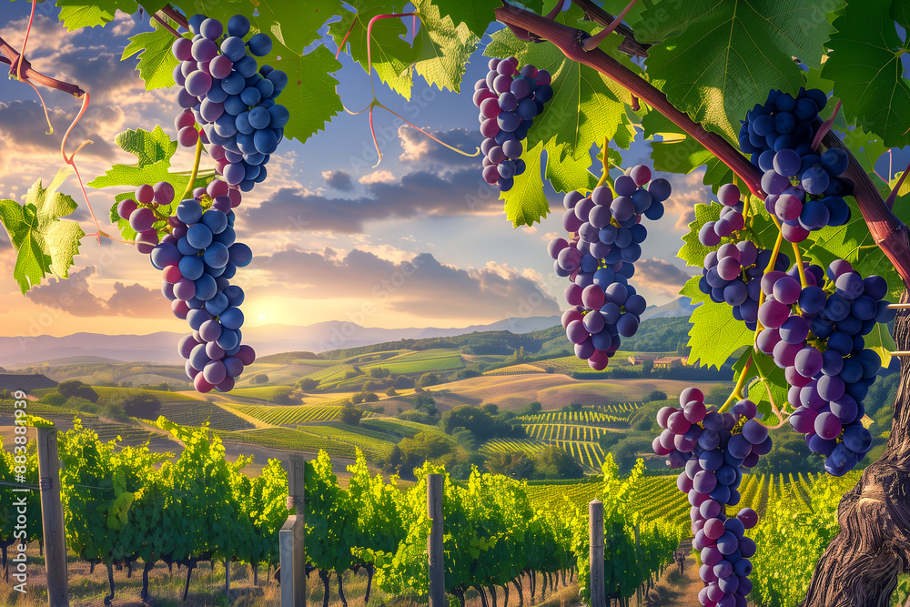 Fototapeta premium vibrant clusters of ripe grapes plump fruit hang from the vines, sun-drenched vineyard, Toscana background hills, illustration