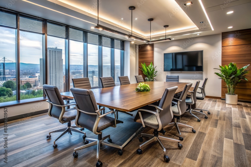 Modern conference room with sleek furniture, large screen, and empty chairs, awaiting a remote work productivity seminar, with a sense of professionalism and innovation. Modern conference room with sleek furniture, large screen, and empty chairs, awaiting a remote work productivity seminar, with a sense of professionalism and innovation.