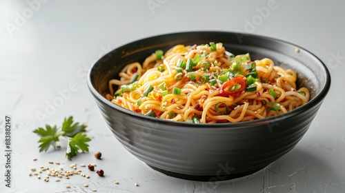 Noodles with accompaniments in a black bowl, looks delicious on a clean white background.