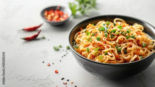 Noodles with accompaniments in a black bowl, looks delicious on a clean white background.