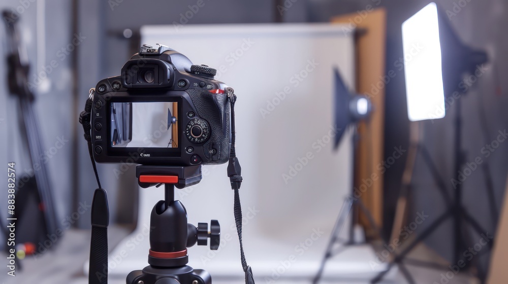 Close-up of a digital camera on a tripod in a photography studio. Close-up of a digital camera on a tripod in a photography studio.