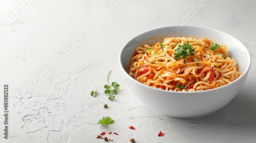 Noodles with accompaniments in a white bowl, looks delicious on a clean white background