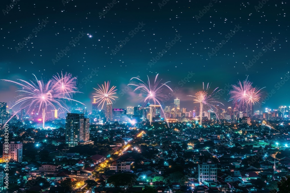 A breathtaking view of a city skyline at night, illuminated by multiple dazzling fireworks exploding in the sky A breathtaking view of a city skyline at night, illuminated by multiple dazzling fireworks exploding in the sky