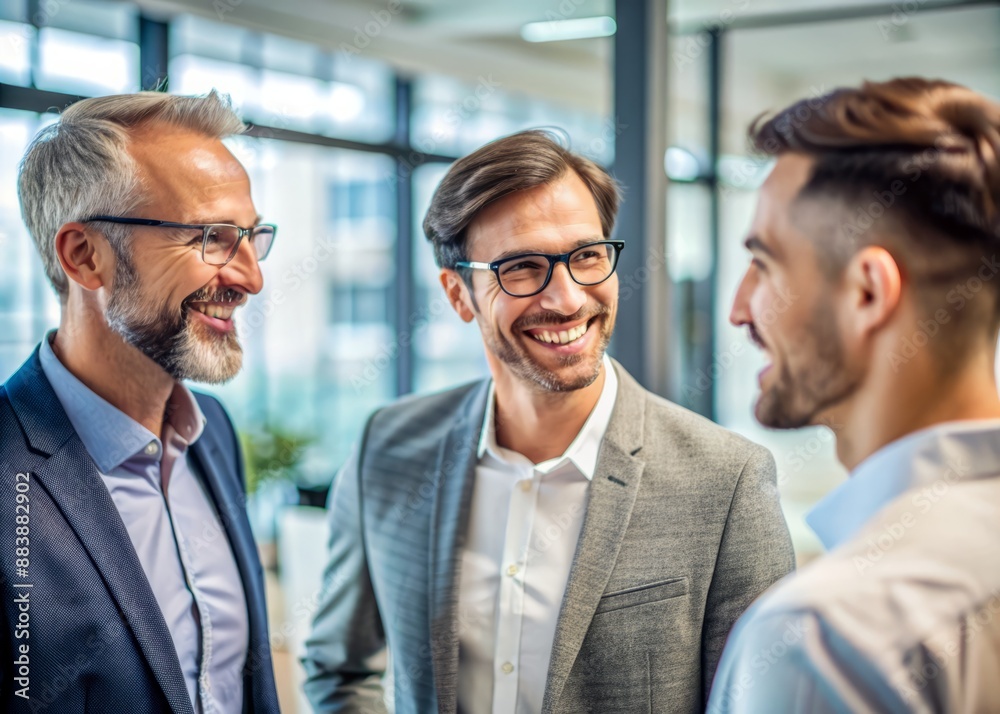 Smiling men in business casual attire with glasses are engaged in a friendly conversation in a modern office setting Smiling men in business casual attire with glasses are engaged in a friendly conversation in a modern office setting