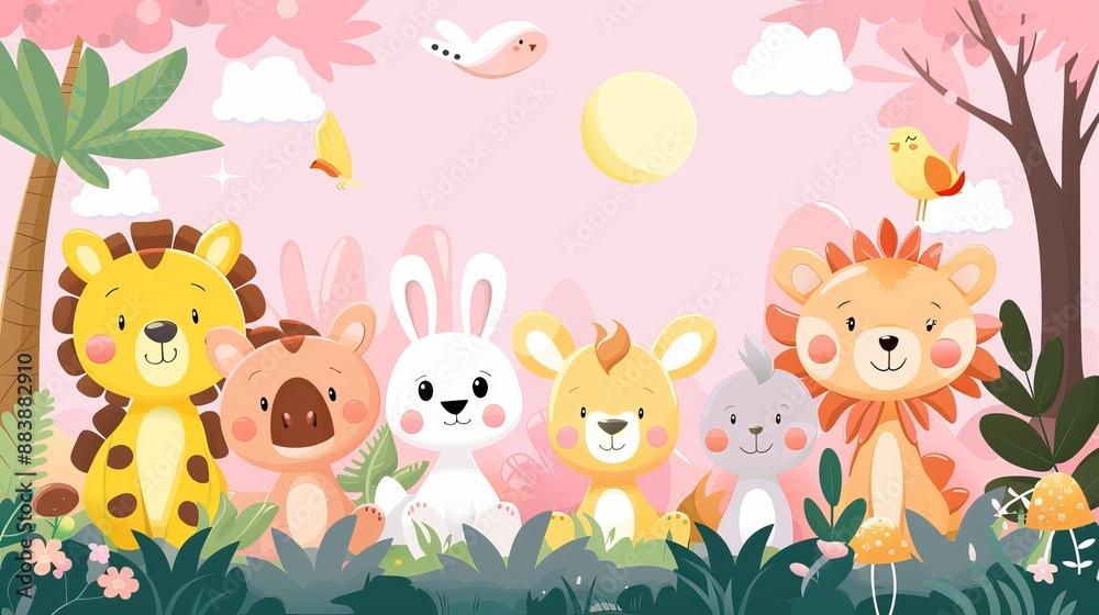 Naklejka premium Cute Animals in a Pink Forest