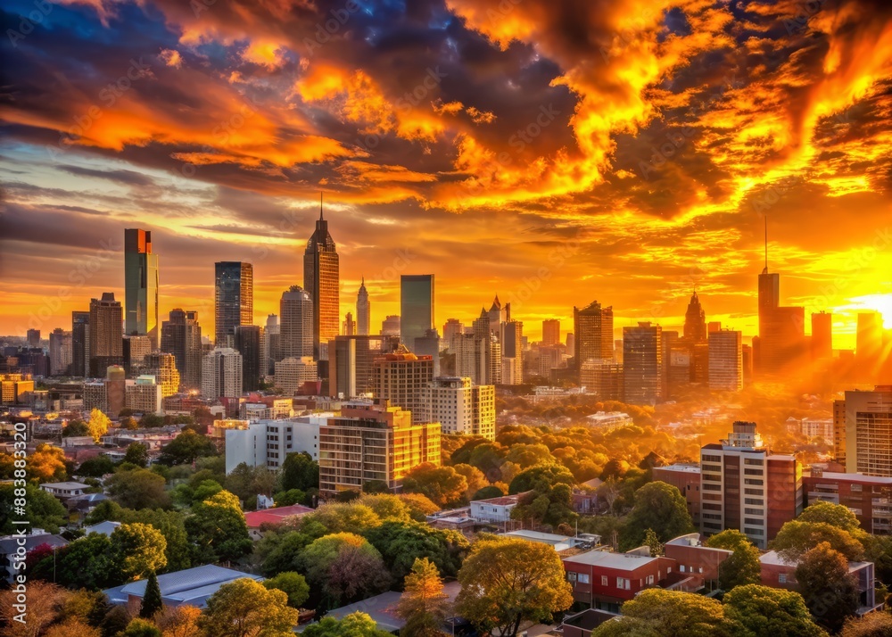 Fototapeta premium Vibrant orange hues illuminate a tranquil urban landscape as the sun sets behind a hill, casting a warm glow over the city's skyline and buildings.