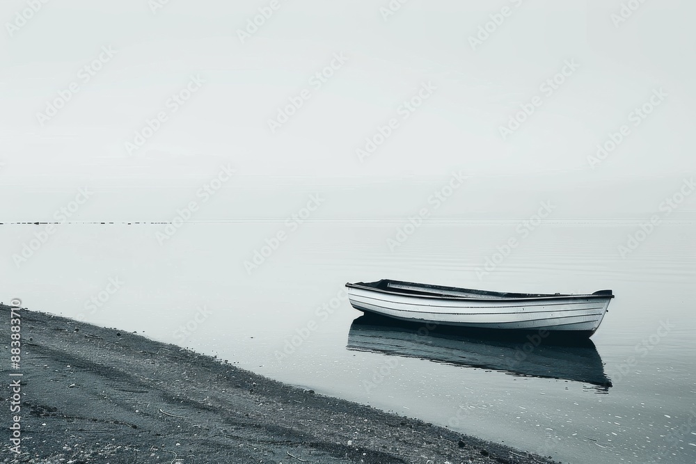 A small rowboat floats gently on calm, still water near a pebbled shoreline, with a misty, light grey sky overhead A small rowboat floats gently on calm, still water near a pebbled shoreline, with a misty, light grey sky overhead