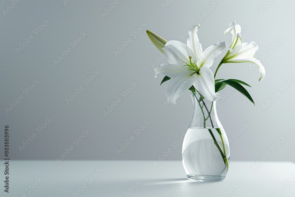 Two white lilies in a clear glass vase, sitting on a white table against a white background Two white lilies in a clear glass vase, sitting on a white table against a white background