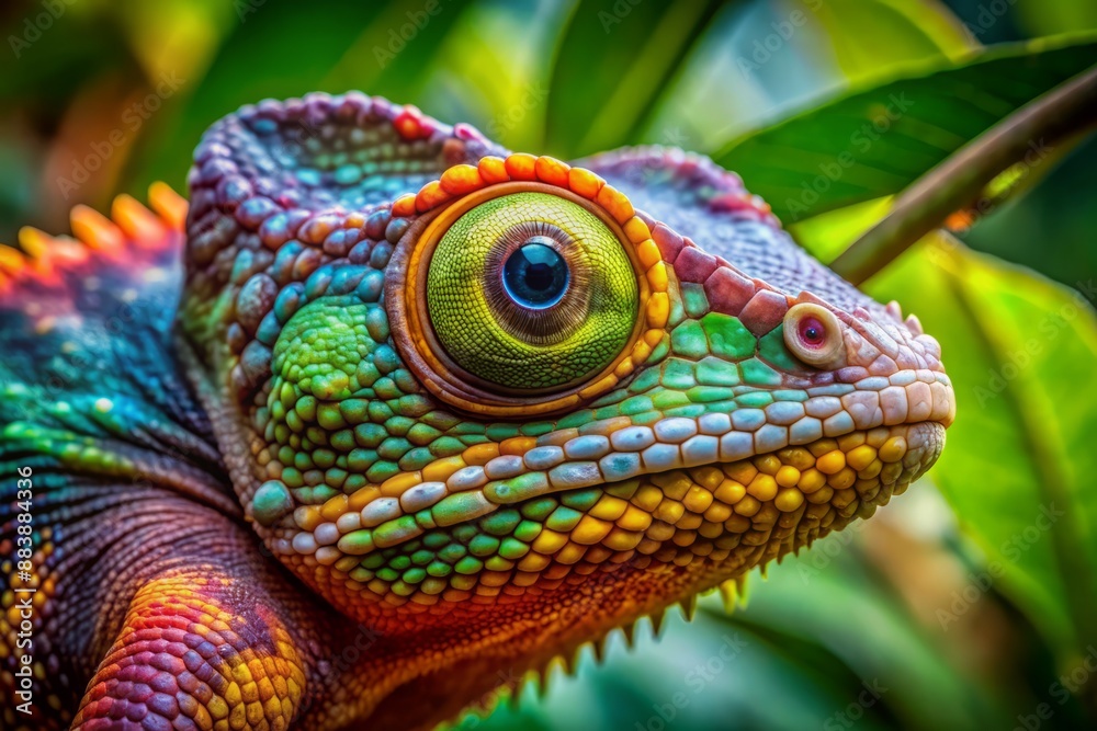 Vibrant close-up of a colorful chameleon's face, showcasing its remarkable ability to change color, set against a lush tropical habitat filled with green leaves. Vibrant close-up of a colorful chameleon's face, showcasing its remarkable ability to change color, set against a lush tropical habitat filled with green leaves.