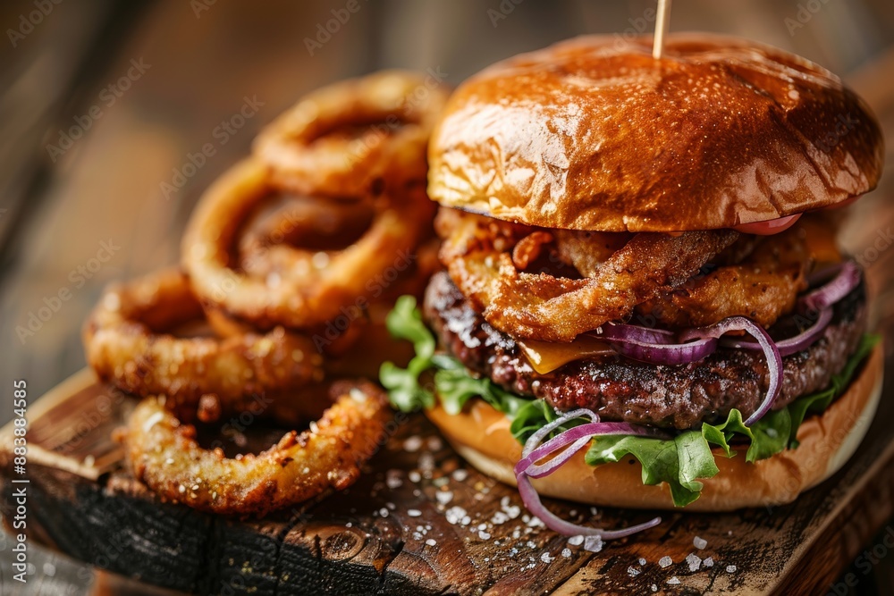 A juicy burger topped with crispy onion rings and red onion, served on a rustic wooden table A juicy burger topped with crispy onion rings and red onion, served on a rustic wooden table