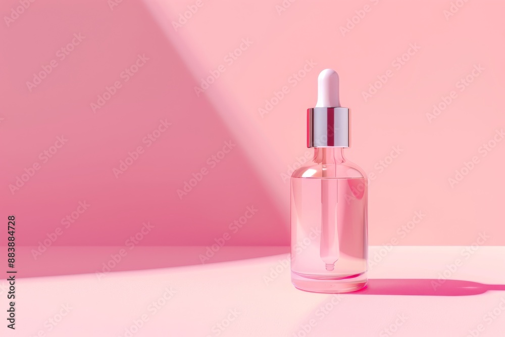 A glass dropper bottle mockup with a silver lid sits on a pastel pink background with soft light A glass dropper bottle mockup with a silver lid sits on a pastel pink background with soft light