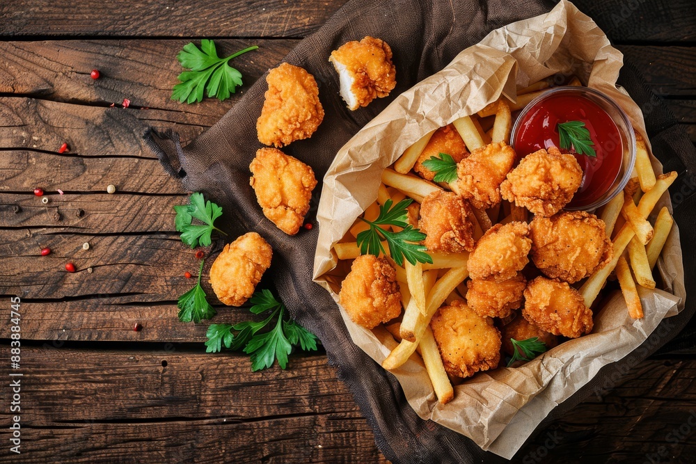 A close-up of crispy chicken nuggets and french fries arranged in a paper bag on a rustic wooden table. A small bowl of ketchup is beside the bag, and sprigs of parsley are scattered around A close-up of crispy chicken nuggets and french fries arranged in a paper bag on a rustic wooden table. A small bowl of ketchup is beside the bag, and sprigs of parsley are scattered around