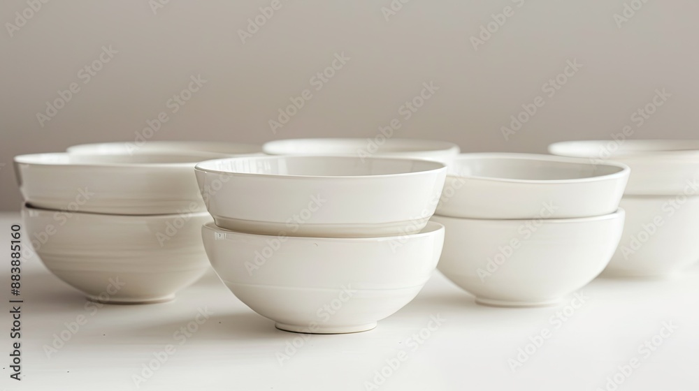 Collection of minimalist white ceramic bowls on pristine white backdrop, clean and elegant Collection of minimalist white ceramic bowls on pristine white backdrop, clean and elegant