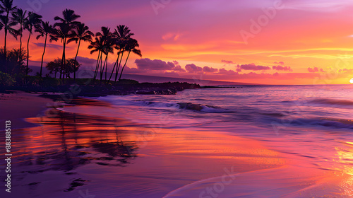 Harmonious Blend of Nature: Serene Beach Sunset with Swaying Palm Trees