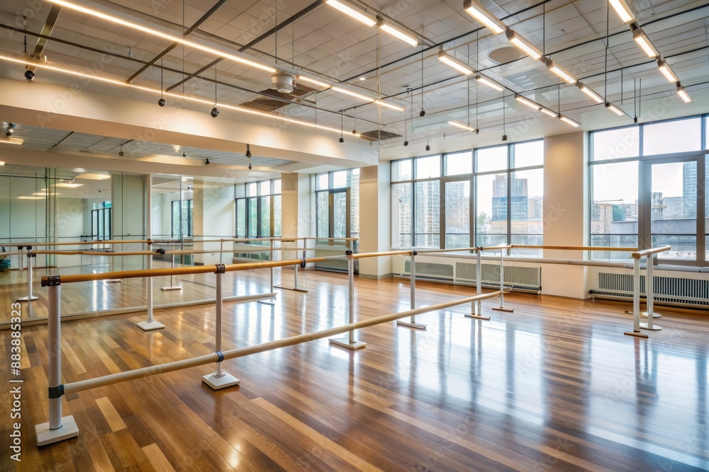 Empty fitness studio with mirrors, ballet bars, and workout equipment, lit by natural light, awaiting a lively dance class session to commence. Empty fitness studio with mirrors, ballet bars, and workout equipment, lit by natural light, awaiting a lively dance class session to commence.